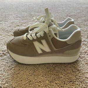 Womens New Balance 574+ - Driftwood. Size 8.